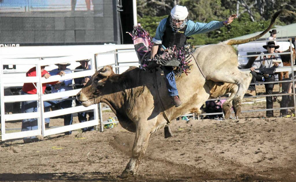 Bailey Schultz using the most of his grip in an attempt to stay on for eight seconds. Bailey Schultz using the most of his grip in an attempt to stay on for eight seconds.